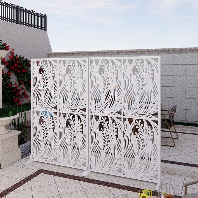 Metal Privacy Screen Room Divider 72" H x 45.3" W, Free Standing Decorative Panel with Bird Design for Indoor Outdoor Use, Black Iron Partition for Patio Balcony Garden (Leaf White)
