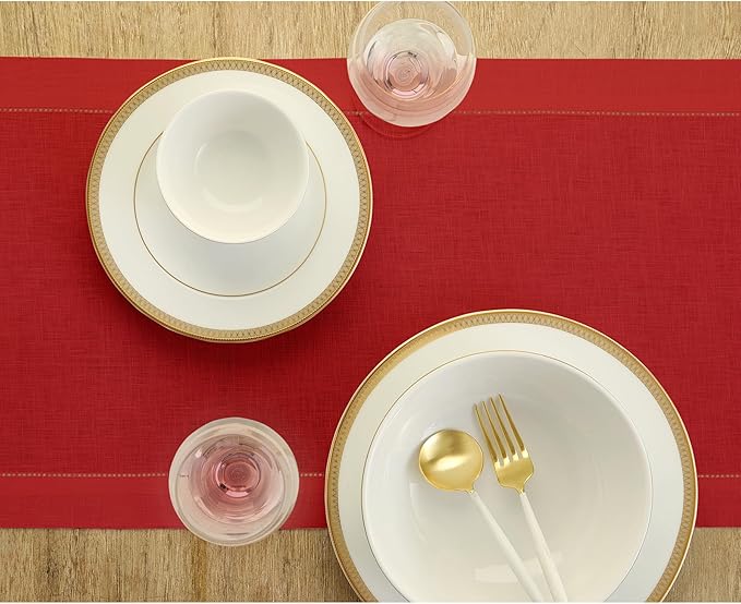 Solino Home Linen Red Table Runner 144 Inches Long - 100% Pure Linen Extra Long Table Runner 14 x 144 Inch for Valentines, Winter - Classic Hemstitch