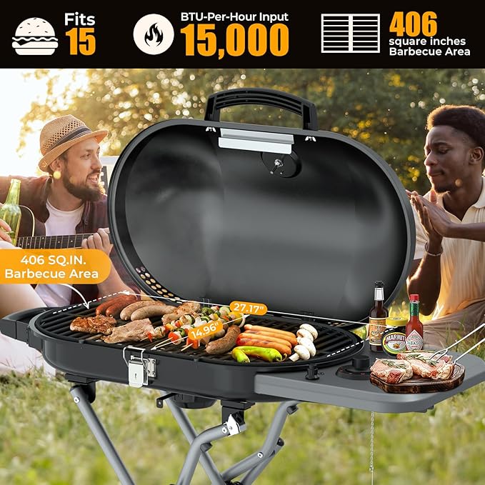 Portable Propane Gas Grill,15,000 BTU BBQ Grill with Top Cover Lid, 406 sq.in. Grilling Areas, 2 Wheels, Built-in Thermometer, Barbecue Gas Grill for Patio,Party,Black