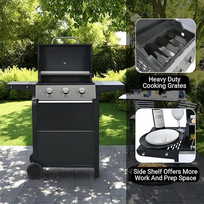 Endark 26,000 BTU 3-Burner Propane Grill with stainless steel design, enamel grates, built-in thermometer, and movable side rack. Ideal for all outdoor cooking