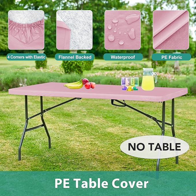 LUSHVIDA 6 Packs Vinyl Tablecloths with Flannel Backing for 6ft Rectangle Folding Table Cloths - Waterproof Plastic Picnic Table Covers with Elastic Corners, 30x72 inch, Pink