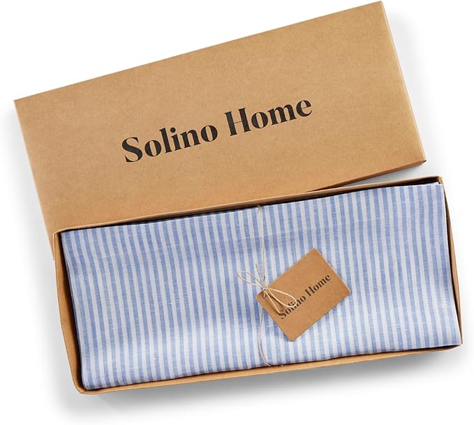 Solino Home Linen Table Runner 72 Inches Long - Narrow Stripe, 100% Pure Linen Cornflower Blue and White Table Runner 14 x 72 Inch for Dining, Dresser, Winter, Spring, Easter