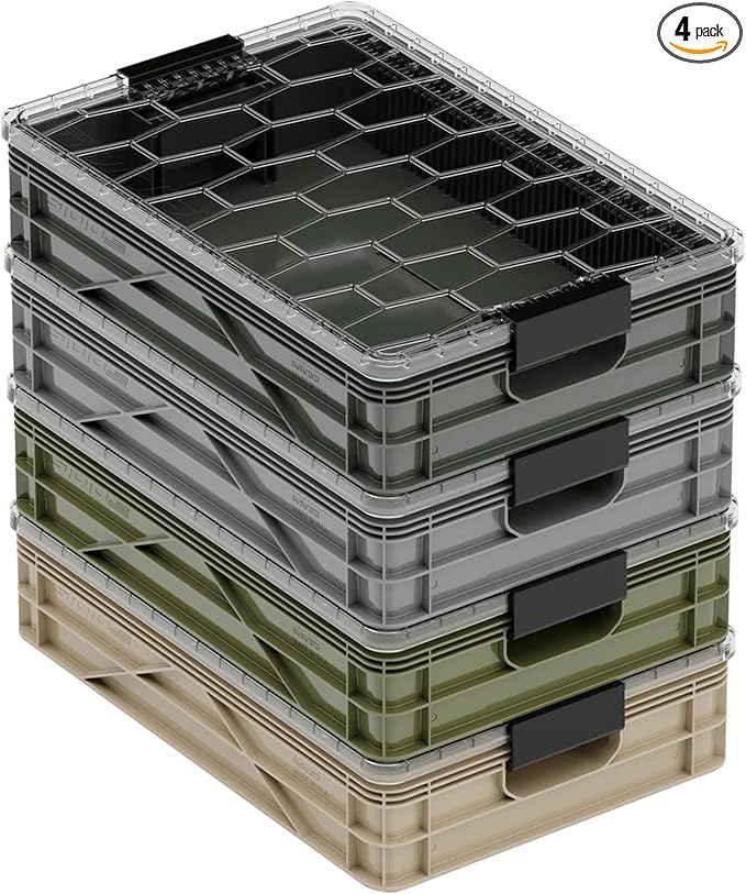 SIDIO Quarter Crate 4 Pack of Stackable Storage Bins - Organizer Bins with Dividers for Garage Organization, Home Storage - Heavy Duty Plastic Containers - 19.16” x 12.75”x 4.57” (Camo)