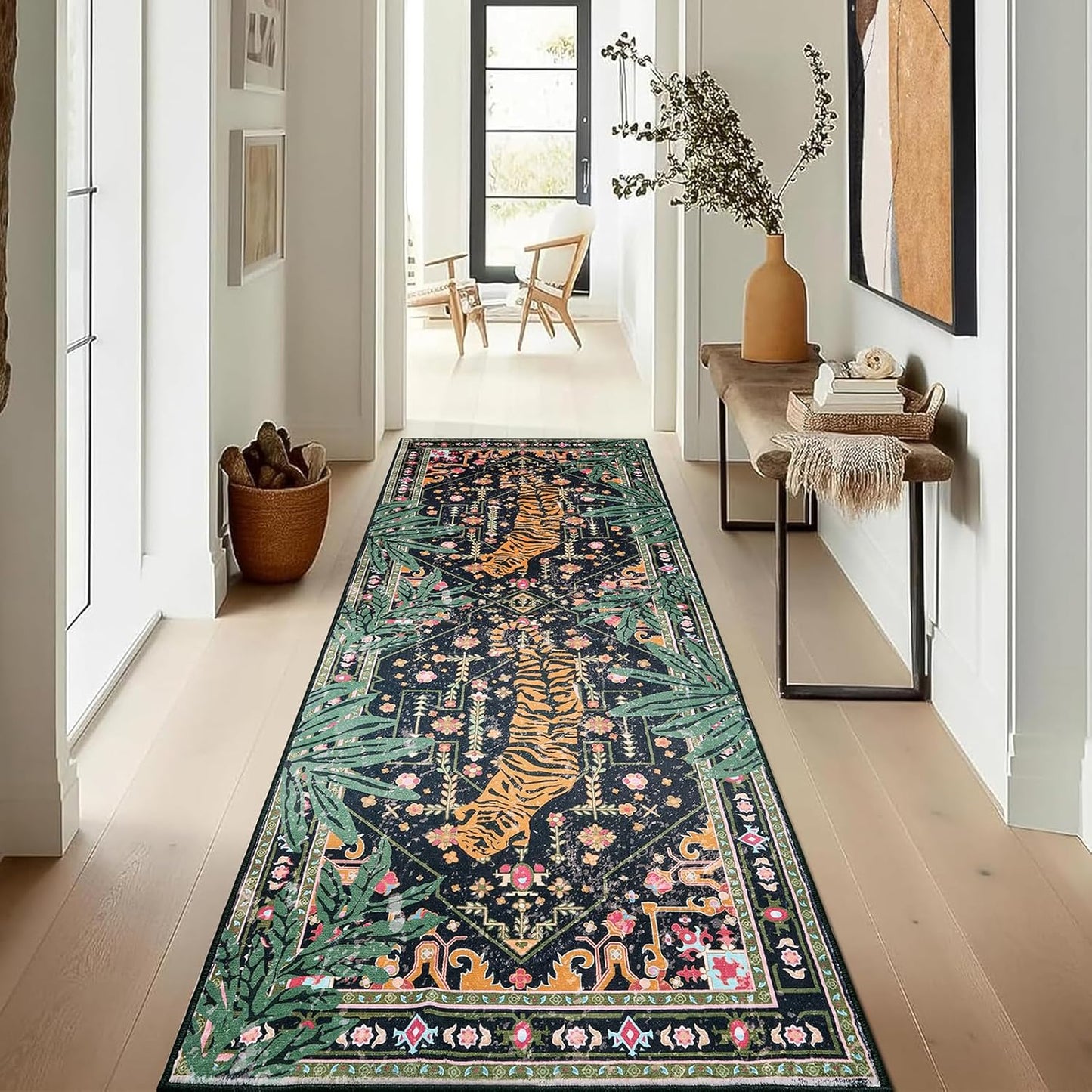 Oriental Tropical Kitchen Runner Rug 2x5 Washable, Thin Stain Resistant Black Boho Bathroom Runner Rug for Hallway Entryway Bedroom Laundry, Vintage Abstract Hippie Botanical Long Carpet