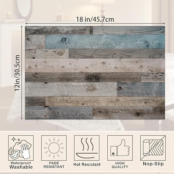 Rustic Wood Grain Placemats Set of 6,Vintage Barn Wooden Place Mats Heat Resistant Washable Non-Slip Table Mats for Party Kitchen Dining Decor 12x18 Inch