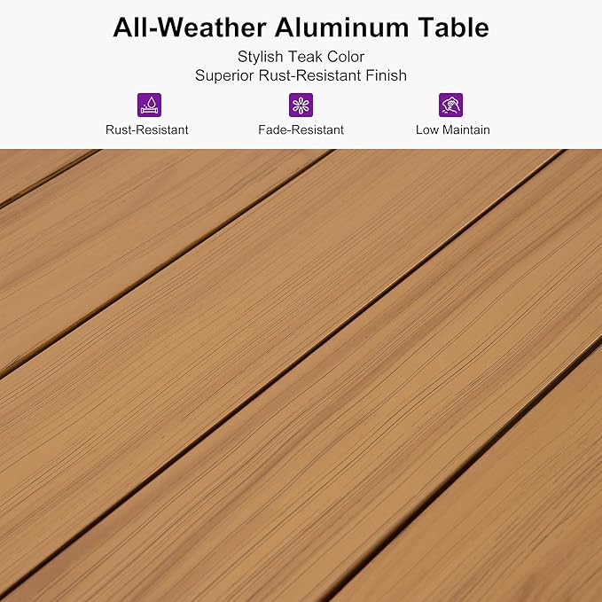 PURPLE LEAF 9 Pieces Patio Dining Set Wicker Outdoor Furniture Rectangular Table and Chairs Set for Garden Patio Teak-Finish Aluminum Frame Backyard Kitchen Set, Cushions and Pillows Included