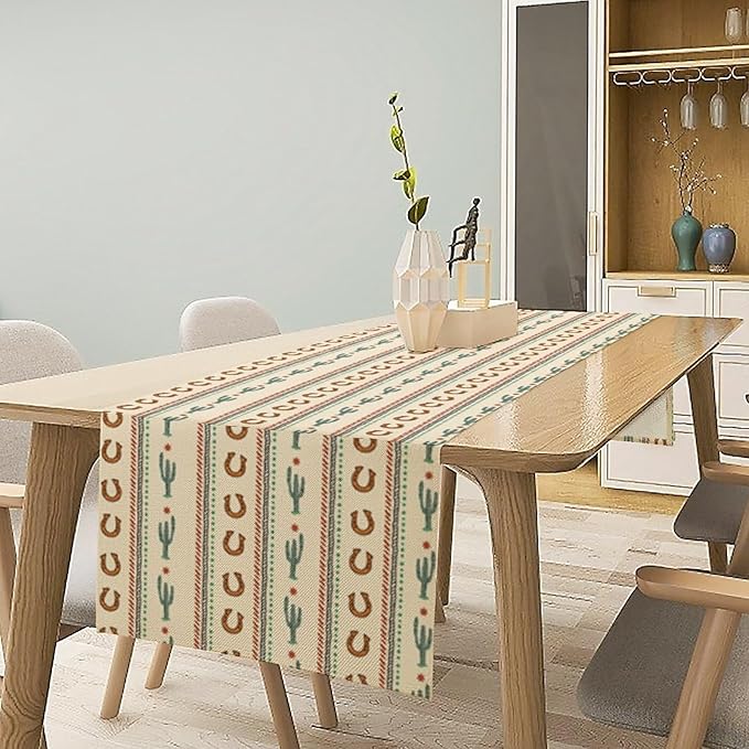 Western Table Runner,Vintage Farmhouse Country Cowboy Horseshoe Cactus Print Table Runner for Kitchen Dining Table Holiday Home Party Decor 13x90in