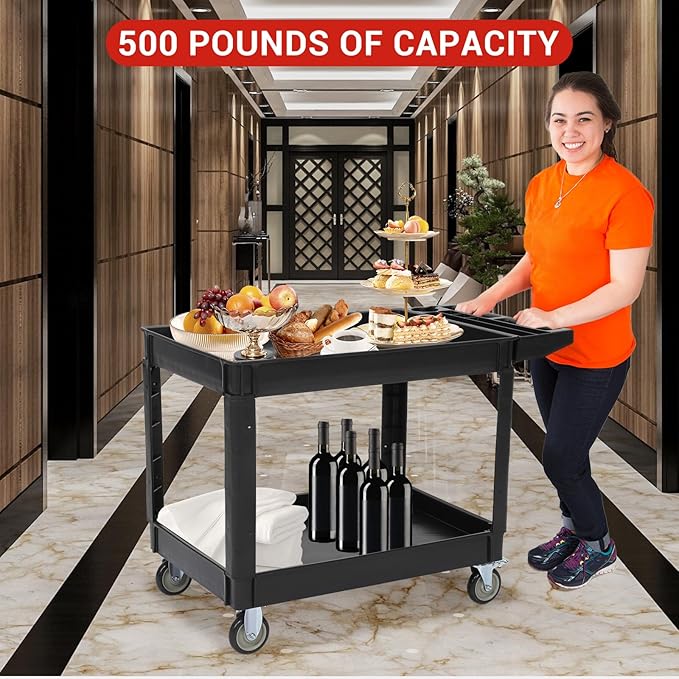 Utility Service Cart with Wheels and Two Trays, Service Cart 2-Shelf 500lbs, Rolling Utility Cart for Warehouse/Garage/Cleaning/Manufacturing, 2 Tier Heavy Duty Uline Tool Cart, 45"X25", Black