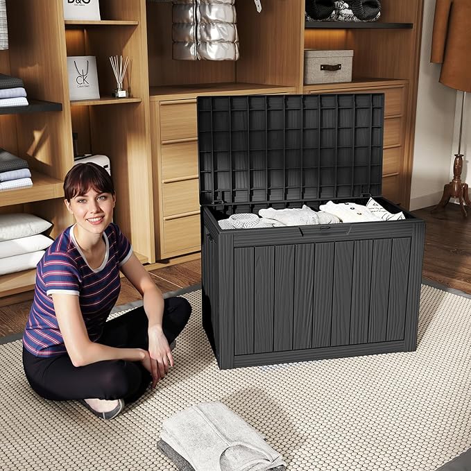 45 Gallon Deck Box,Resin Outdoor Storage Box with Lockable for Patio Furniture, Pool Accessories, Garden Tools Waterproof Outside Storage Box, Black