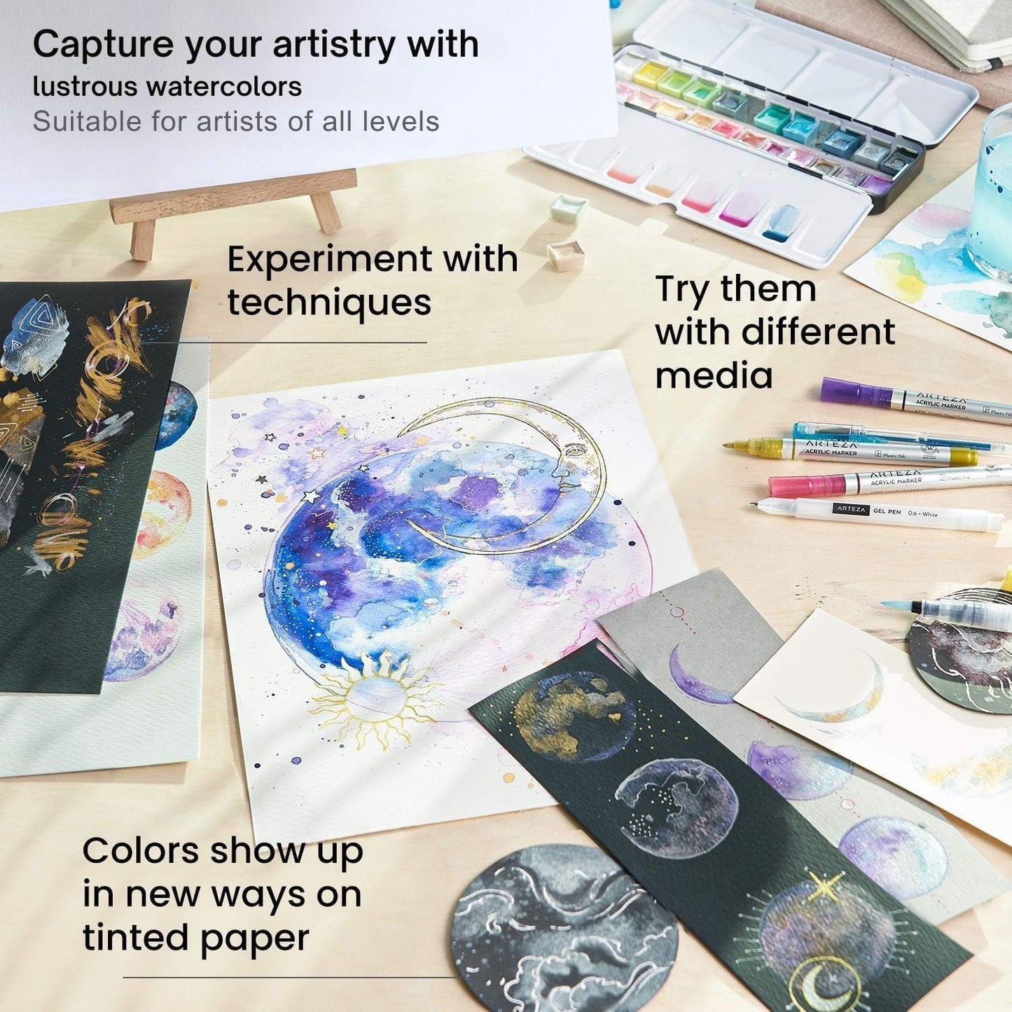 ARTEZA Watercolor Paint Set, 24 Metallic Watercolor Paints, Glitter Watercolor Paint in Half Pans, Travel Watercolor Set