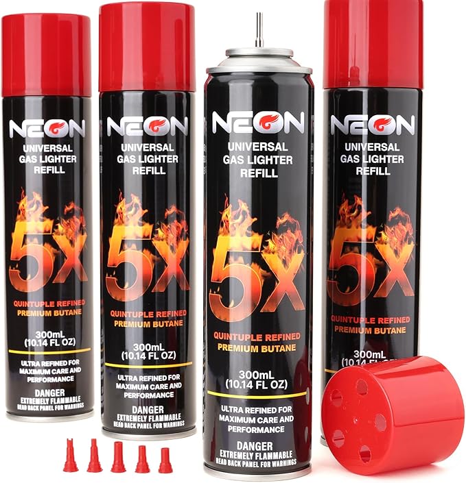 NEON Butane Fuel 300ml, 5X Premium Refined Butane Refill for Torch Lighter, 0 Impurities Lighter Fluid with Metal Nozzle & 5 Butane Gas Refill Adapters for Culinary, Welding, and DIY (4 Cans)