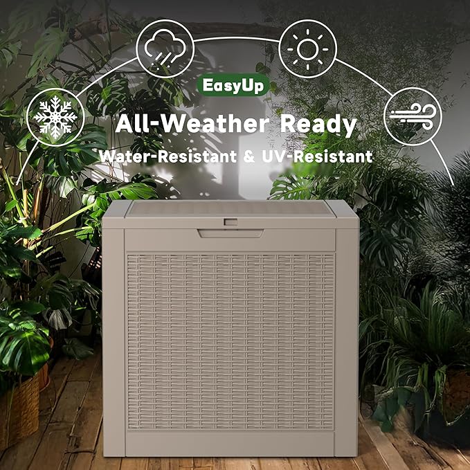 EasyUp 31 Gallon Outdoor Storage Box, Resin Waterproof UV-Resistant Deck Box, Reinforced Stability for Patio, Garden, and Poolside, Rattan Gray