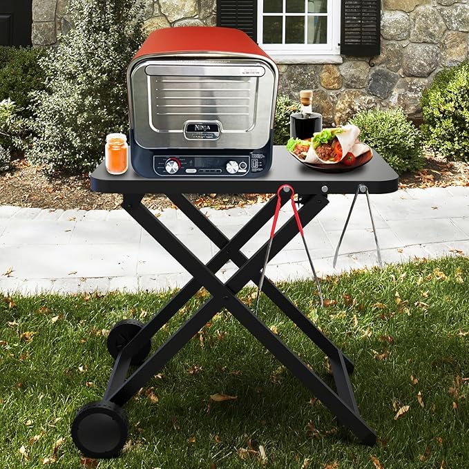 Portable Grill Table, Outdoor Prep Table with 2 Wheels, Pizza Oven Cart for Ninja Woodfire/XL Pro, Weber Q, Blackstone, Napoleon,Ooni Table Top Grill, Folding Grill Cart for Camping, RV