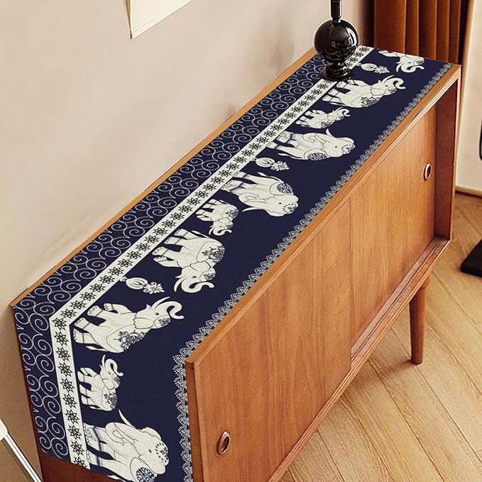 Boho Elephant Table Runner, Rustic African Tribal Traditional Diwali India Ethnic Folk Rustic Blue Coffee Table Center Decor for Home Kitchen Dining Holiday Party Outdoor Table Decorations, 13"x90"
