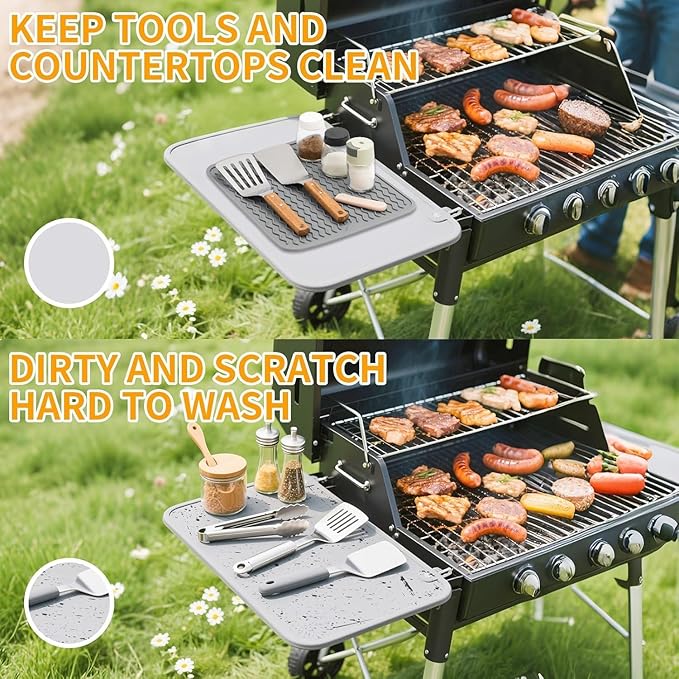 Grill Accessories, 14x11 Inch Silicone Heat Resistant Mat, BBQ Tool Rest Pad for Blackstone Griddle Side Shelf, Weber, Traeger, Outdoor Kitchen Countertop Protector (Grey)