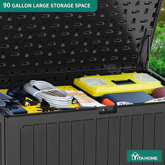 YITAHOME 90 Gallon Double-Wall Deck Box with Side Handles, Outdoor Large Storage for Patio Furniture Cushions, Garden Pool Accessories, Water Resistant & Lockable