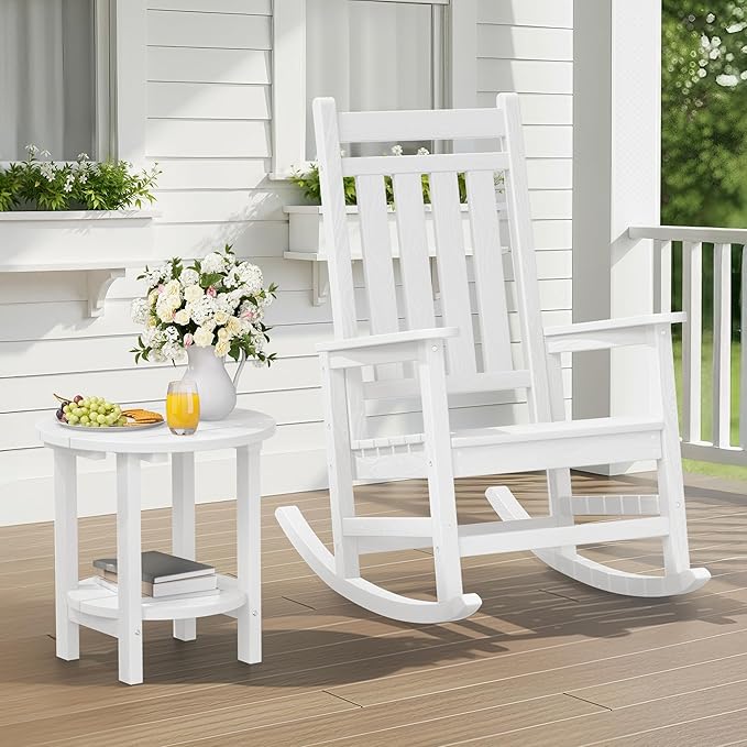 SERWALL Round Outdoor Side Table, HDPE Small Adirondack End Table,2-Tier Patio Side Table for Backyard Pool Porch Garden Lawn, White