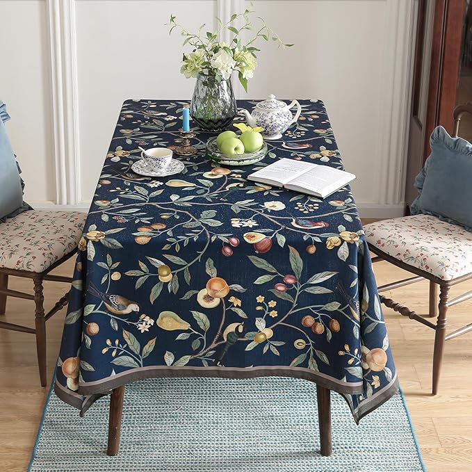 Linen Blue Tablecloth,Wrinkle Resistant French Vintage Tablecloth Print with Foral,Decor Square Table Cloth for Thanksgiving,Dining Room,Home,Kitchen 67" × 67"-DeweyA Blue