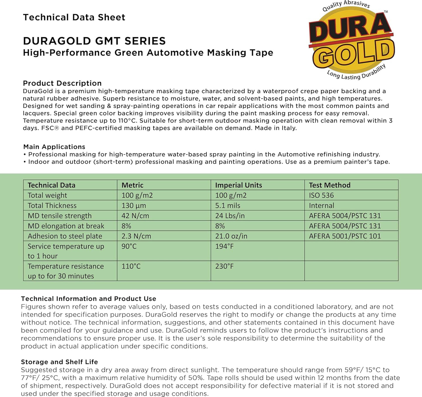 Dura-Gold Green Automotive Masking Tape 1/2 Inch (12mm x 55 Yards), Case of 72 Rolls - Premium High-Performance, Heat Resistant - Auto Refinish Painting, Car Detailing, Autobody Repair, Painters Tape