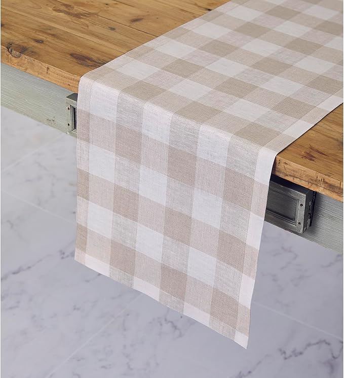 Solino Home Linen Checkered Table Runners 72 Inches Long - 100% Pure Linen Natural and White Buffalo Check Table Runner 14 x 72 Inch Ideal for Dresser, Dining, Spring, Easter