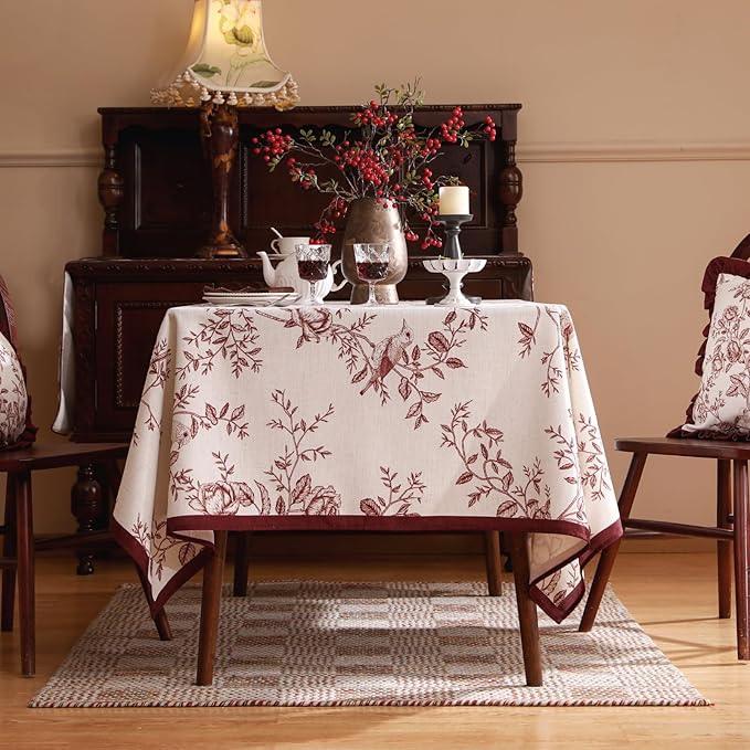 ISAENNE Designer Vintage Linen Long Tablecloth Rectangle,Red Floral Pattern Linen Stain Resistant Table Cloth,Decor Tablecloths for Dining Thanksgiving Kitchen Tea Party,63"*94"-Harmony