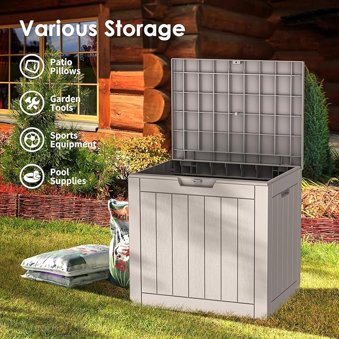 35 Gallon Resin Deck Box, Waterproof Outdoor Storage Box for Patio, Poolside, and Garden, Lockable UV-Resistant Storage Bin Bench Cabinet for Small Spaces, Grey