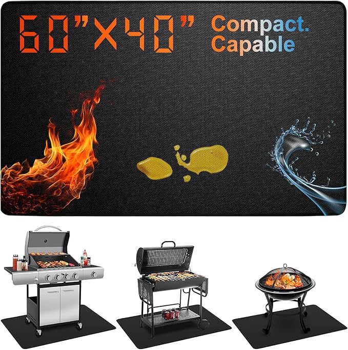 Under Grill Mats for Outdoor Grill – 60 x 40 Inch Fireproof Deck & Patio Protector, Heat Resistant BBQ Mat, Waterproof & Oil-Proof for Gas, Charcoal Grill, Smoker, Fire Pit