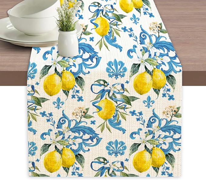 Lemon Flower Table Runner Dresser Scarves Seasonal Linen Tablerunner for Indoor Outdoor Kitchen Home Party Holiday Dining Table Decor 13 X 70 Inch