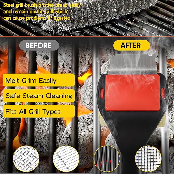 Bristle Free Grill Brush with Scraper, 4 Replaceable Cleaning Head BBQ Grill Cleaning Brush, Dishwasher-Safe Grill Cleaner Tool for Gas,Charcoal,Ceramic,Cast Iron & Stainless-Steel Grates