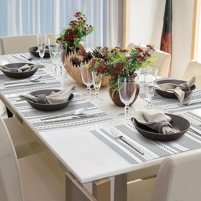 fanquare Sliver Striped Placemats 6 Pack Nordic Style Washable Place Mats Vinyl Woven Heat-Resistant Kitchen Table Mats Indoor & Outdoor Use Table Mat
