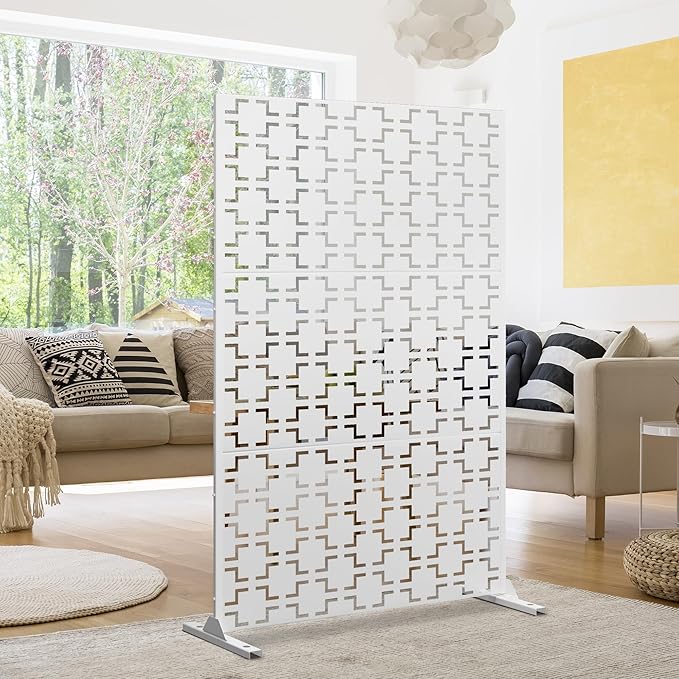 Elevens Metal Outdoor Privacy Screen, Freestanding Outdoor Divider Decorative Privacy Fence Screen, Fence Panels for Balcony Patio,72'' H×47'' W (White-Square)