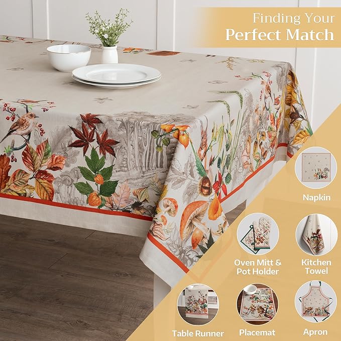 Maison d' Hermine Table Cloth Square Table 100% Cotton 60 x 60 Inches Fall Tablecloth Reusable Everyday Use for Thanksgiving Christmas Decorations Dining Farmhouse Party (Recolte)