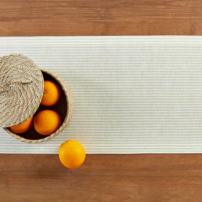 Solino Home Linen Table Runner 72 Inches Long - Narrow Stripe, 100% Pure Linen Sage and White Table Runner 14 x 72 Inch for Dining, Dresser, Spring, St Patricks Day, Easter