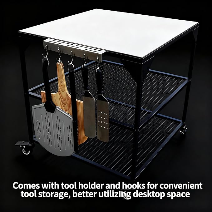 JIN BETTER GRILL PARTS Heavy-Duty Steel Frame Outdoor Kitchen Cart | Stainless Steel Tabletop & 4 Locking Wheels | 31.5" Versatile BBQ Workstation for Ninja, Blackstone, Pizza Ovens