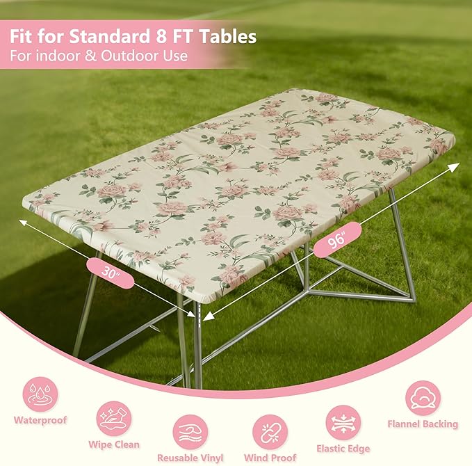 Rectangle Picnic Table Cloth, Elastic Waterproof Fitted Vinyl Tablecloths for 8 Foot Tables, Wipeable Flannel Backed Table Covers for Dining, Camping, Outdoor(Rose,30"x96")