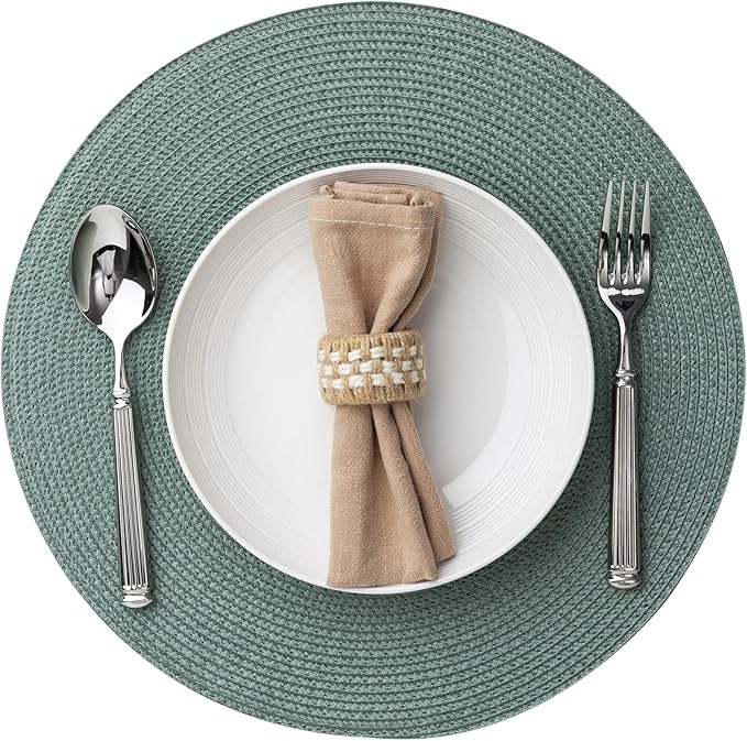 Round Placemats Set of 6 Plastic Woven Placemats Washable Wipeable Table Mats for Dining Table Heat Resistant Non-Slip Circle Place Mats (Dusk Green)