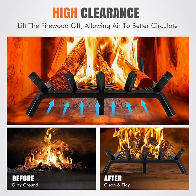 Fireplace Grates with Ember Retainer - 17 Inch Fireplace Log Grate, Firewood Wood Log Holder Rack, Inside Wrought Cast Iron Fire Grate for Hearth Indoor Outdoor Camping