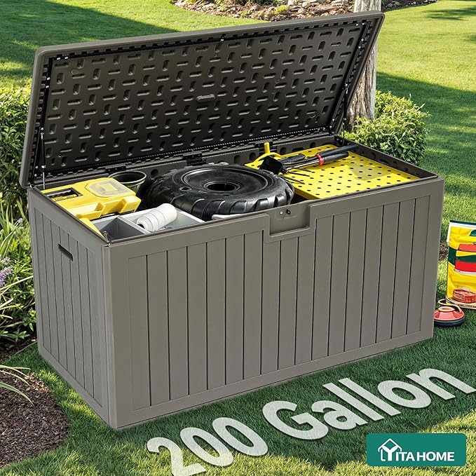 YITAHOME 200 Gallon Extra Large Deck Box, Double-Wall Resin Outdoor Storage Box with Flexible Divider for Patio Cushions Pool Supplies Garden Tools, 990 lbs Load Capacity, Lockable (Light Brown)