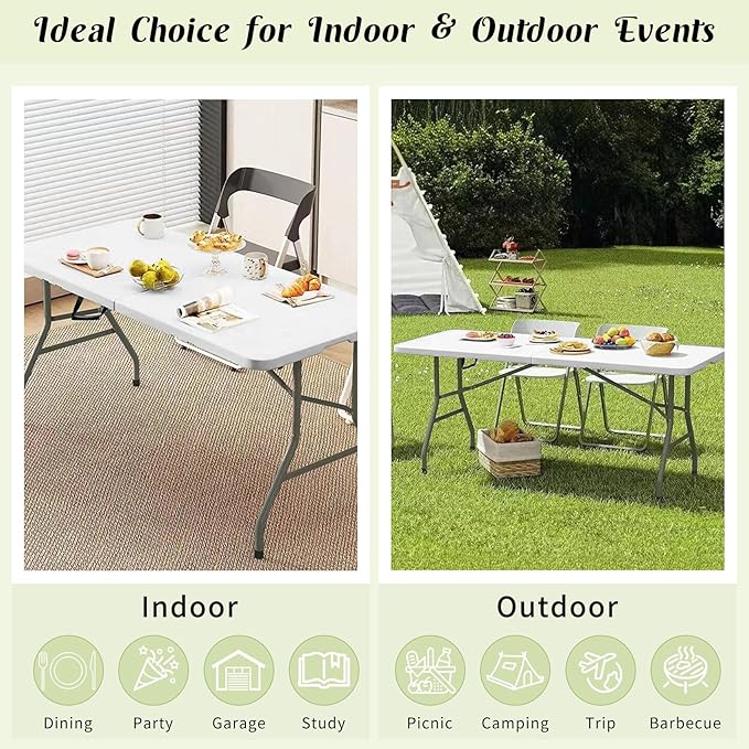 Fivenl 2 Pack 6 FT Folding Tables White Foldable Table, Fold-in-Half with Carrying Handle Portable Plastic Rectangular Table for Party, Dining, Wedding, Camping, Picnic, Indoor Outdoor Events