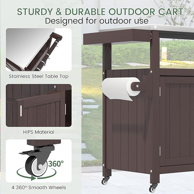 Weatherproof HIPS Outdoor Kitchen Island with Stainless Steel Top & Storage Cabinet, Movable Prep Table with Wheels for BBQ Food Prep, Outdoor Grill Cart for Parties, Brown