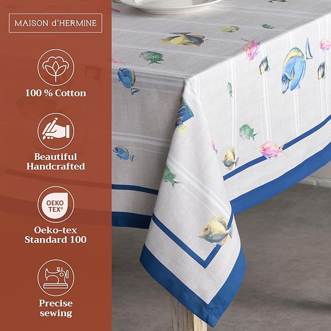 Maison d' Hermine Table Cloth Rectangle Table 100% Cotton 60 x 108 Inches Tablecloth Reusable Decorative Everyday Use for Dining Room, Farmhouse, Home, Party, Festive & Wedding Spring Summer - Poisson