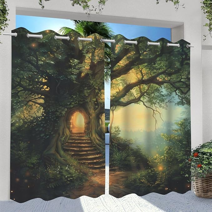 Fantasy Theme Outdoor Curtains for Patio Waterproof,Forest Pattern,Privacy Weatherproof Grommet Outside Curtains for Porch, Pergola, Cabana,Set of 2 Panels,42 x 84 inch,Green