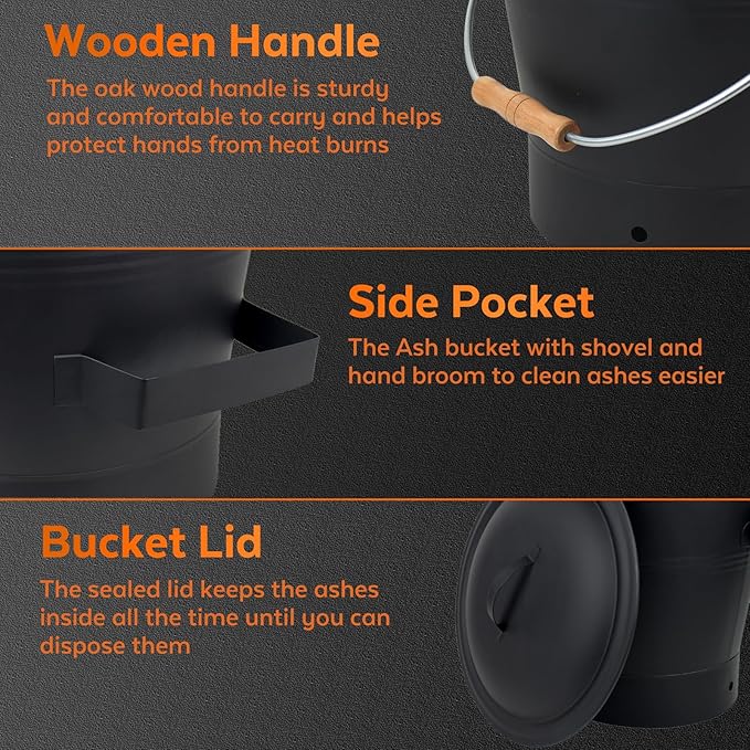 Ash Bucket with Lid and Shovel, 2.6 Gallon Metal Fireplace Ash Bucket with Broom, Complete Fireplace Tools Set for Wood Stove and Fireplace