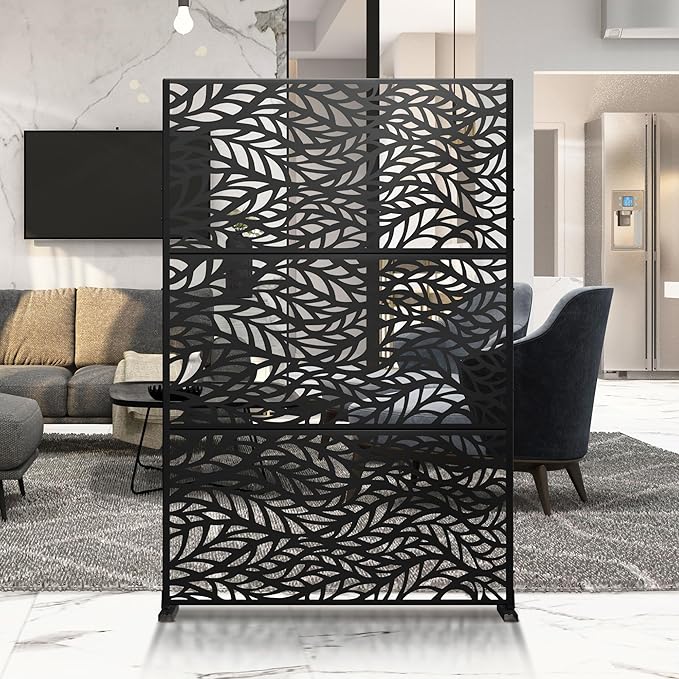 Metal Privacy Screen Outdoor 72" H×47" W,Freestanding Decorative Privacy Screen for Balcony Yard&Garden,Privacy Fence-Black&Leaves