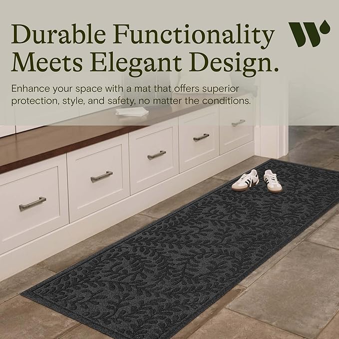 WaterHog Indoor/Outdoor Door Mat, 2' x 5', Made in USA, Durable & Skid-Resistant Front Door Rug, Decorative, Water-Trapping & Heavy-Duty Entryway Floor Mat for Your Home, Boxwood Collection, Charcoal
