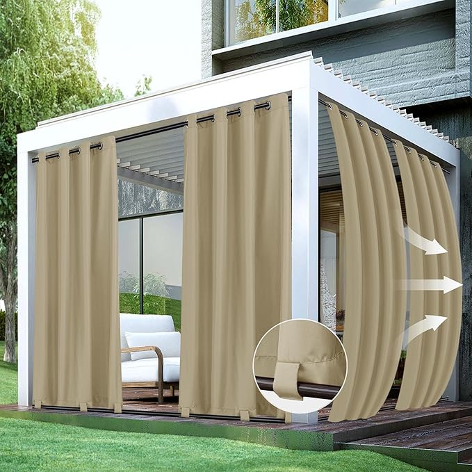HolidayIdeas Outdoor Curtains for Patio Waterproof 4 Panels-Windproof Weatherproof Privacy Curtains-Grommet Top and Tab Bottom Drape for Gazebo, Porch, Pergola, Cabana, Backyard 54x95 Inch Taupe