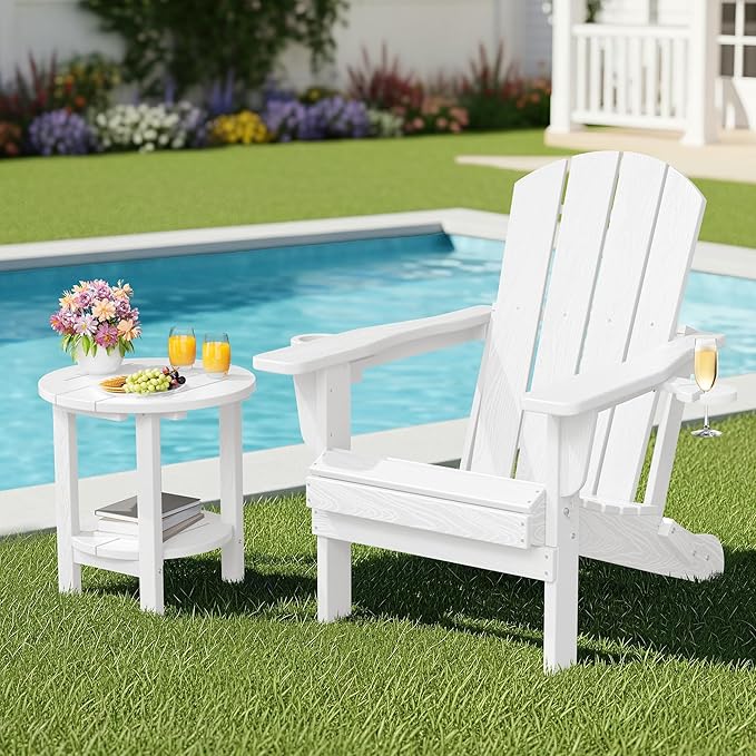 SERWALL Round Outdoor Side Table Set of 2, HDPE Small Adirondack Double End Table, White