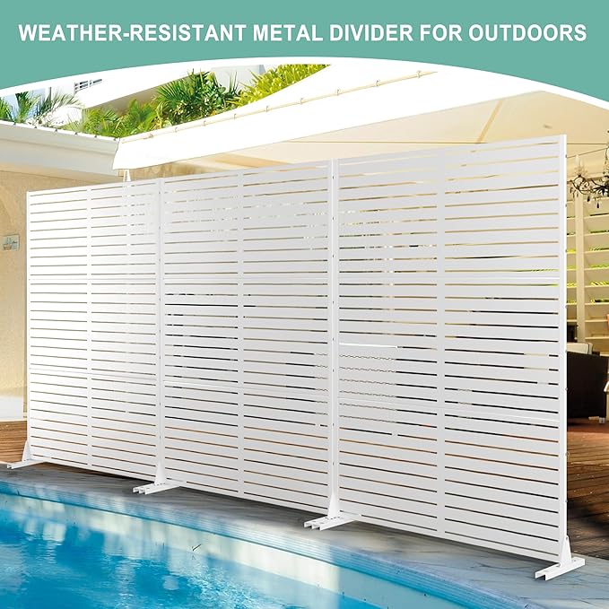 Metal Privacy Screen for Outdoor & Indoor Use, Free Standing Privacy Screen for Patio Garden Pool, 72" H x 47" W Decoative Privacy Panels, Weather Resistant, Easy Assembly (White Louvered)