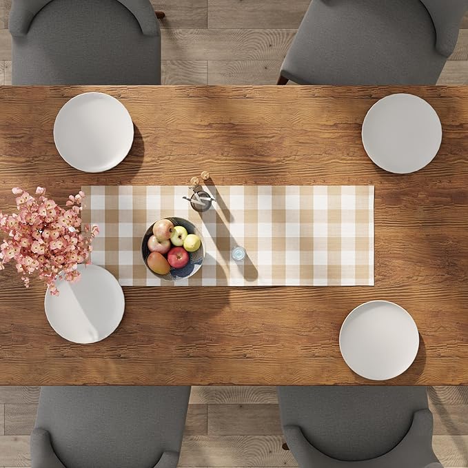 Encasa XO Cotton Dining Table Runner | Buffalo Beige Checks | Size 13x36 in - Machine Washable & Durable