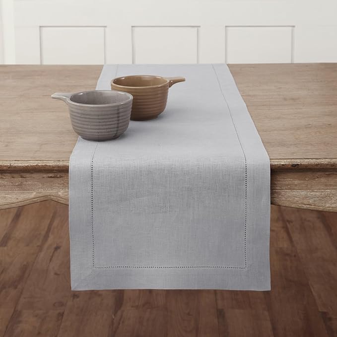 Solino Home Linen Soft Grey Table Runner 72 Inches Long - 100% Pure Linen Hemstitch Table Runner 14 x 72 Inch for Dresser, Dining, Spring, Easter - Classic Hemstitch
